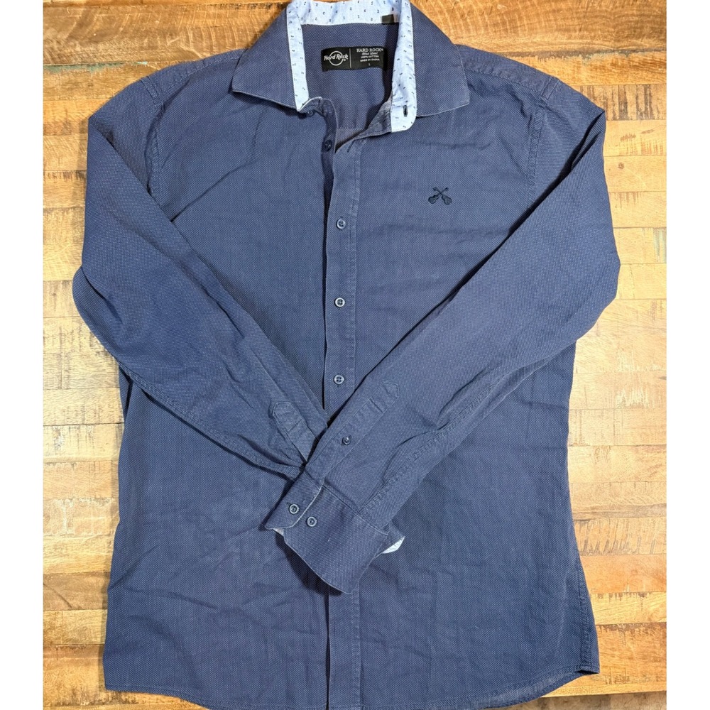 Hard Rock Black Label Mens Navy Blue Micro Dot Button Down Shirt Large Logo